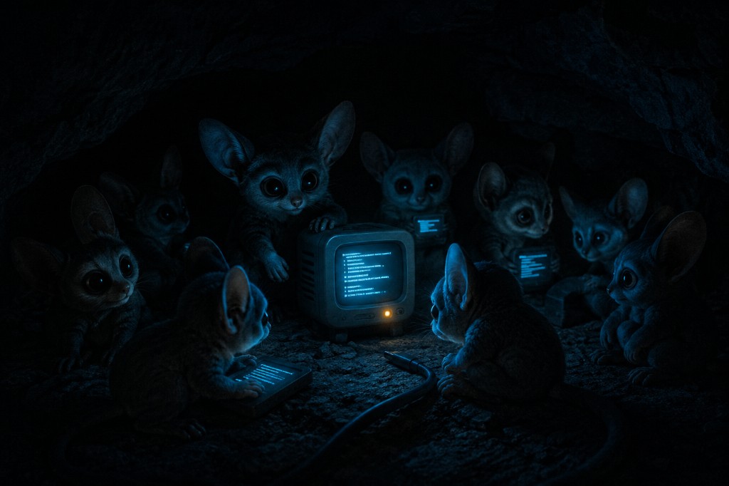 Bashbys gathered in a dark cave around glowing blue screens — the brintOS Agent Nest.