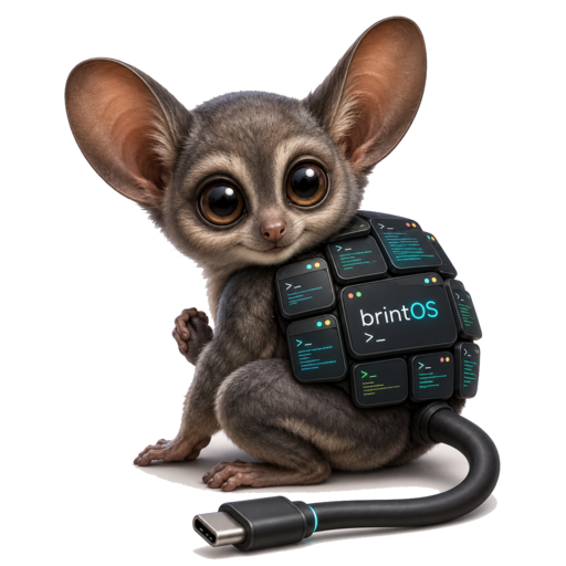 Bashby, the brintOS bushbaby mascot, carrying a shell of tiny terminal windows with a USB-C tail